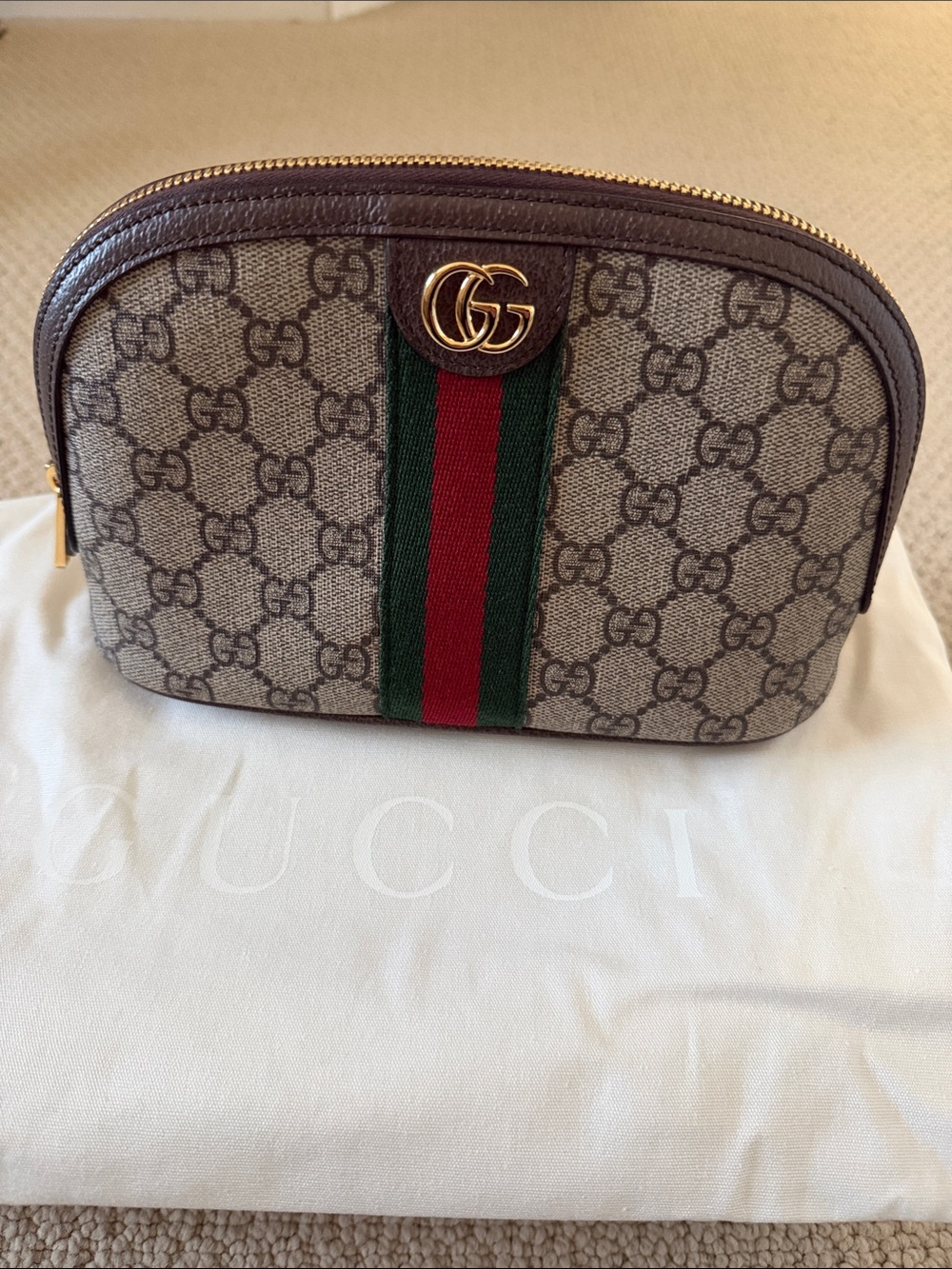 NEW- Gucci GG Canvas Cosmetics Pouch with signature Green and Red Stripe